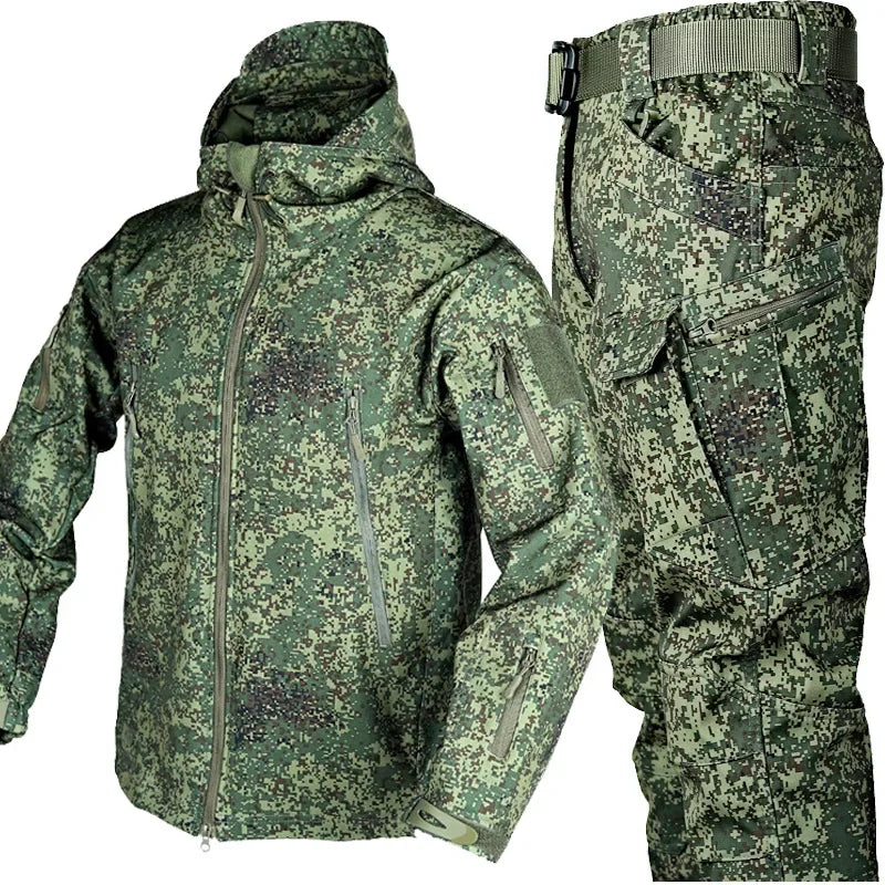 Winterverdickter Herren-Tarnanzug, wasserdichtes taktisches Trainingsset, Kapuzenjacke mit vielen Taschen, Fleecehose, Outdoor-Jagd, 2-teilig