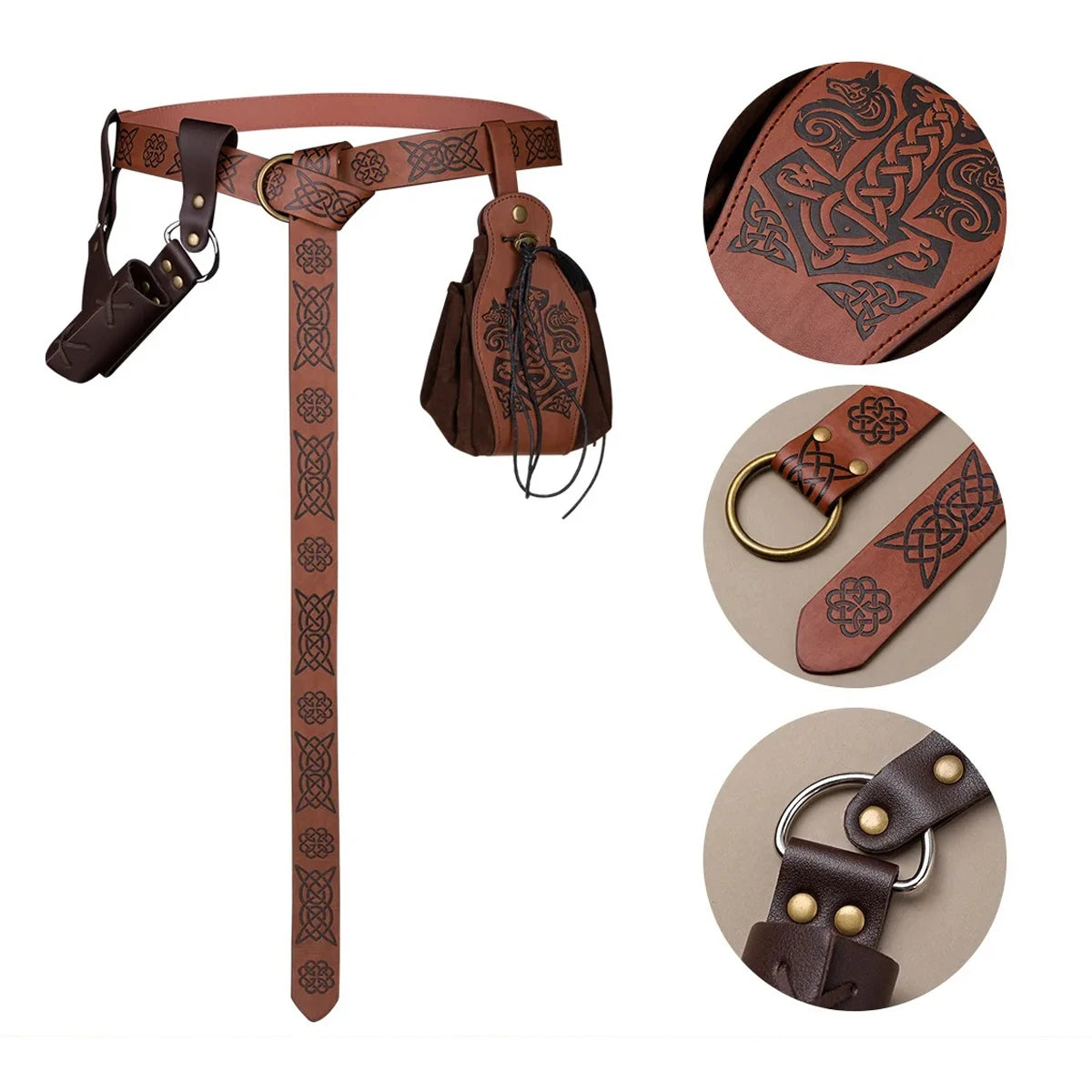 Medieval Leather Belt Set Pu Leather Belt Drawstring Coin Purse Vintage Sword Scabbard for Halloween Cosplay Renaissance Fairs
