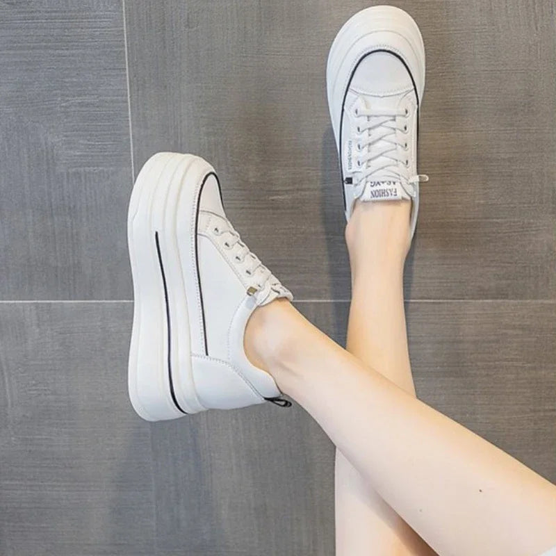 Freizeit-Sneaker für Damen mit Plateau, versteckter Absatz, Schnürschuhe, vulkanisierte Damenschuhe, atmungsaktive Lederschuhe, bequeme Damenschuhe