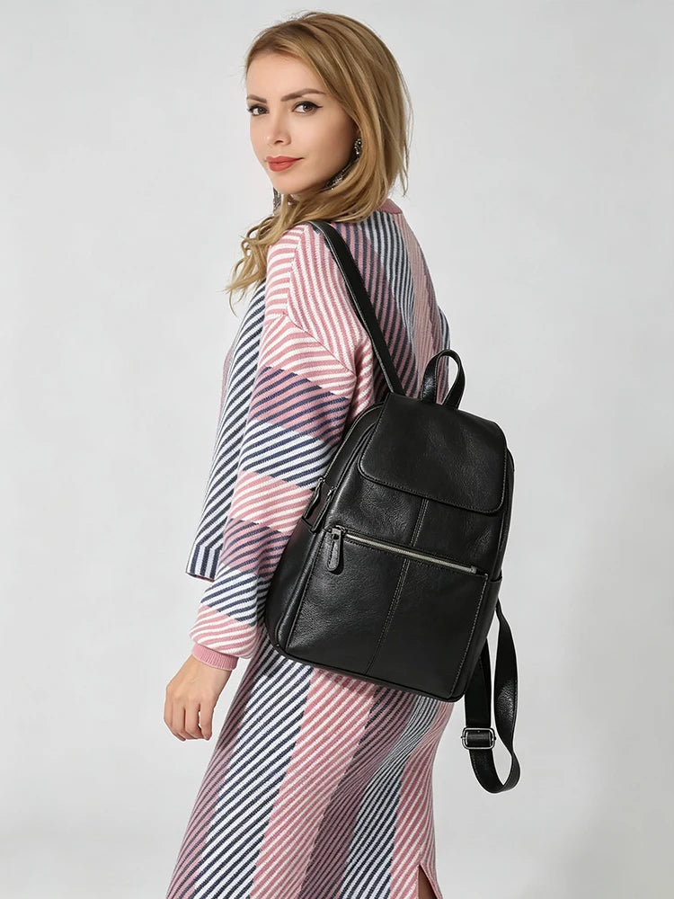 Zency Stylish White Black Genuine Leather Women Backpack A++ Quality Anti-theft Large Capacity Knapsack Travel Designer Rucksack