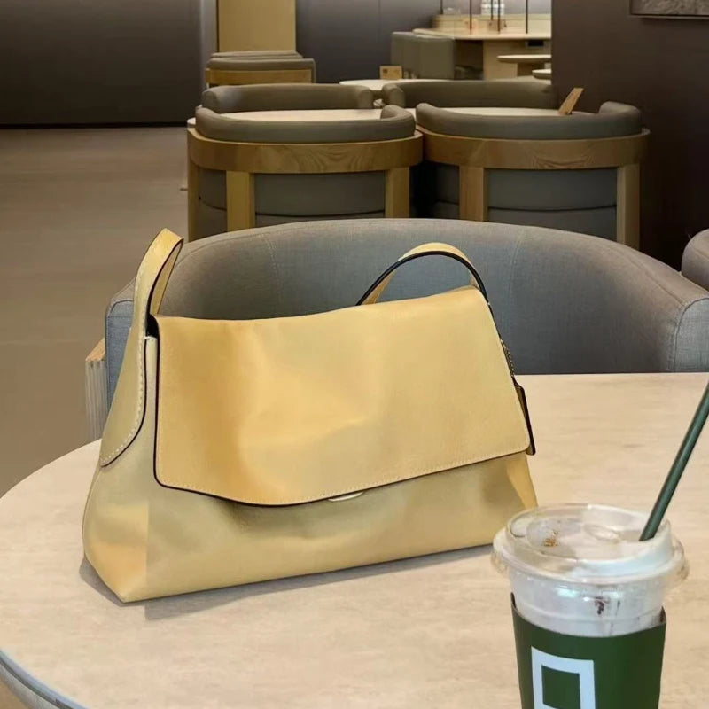 Luxury Genuine Leather Women's Shoulder Bag Large Capacity Flap Underarm Bag Simple Solid Color Soft Leather Brand Handbag