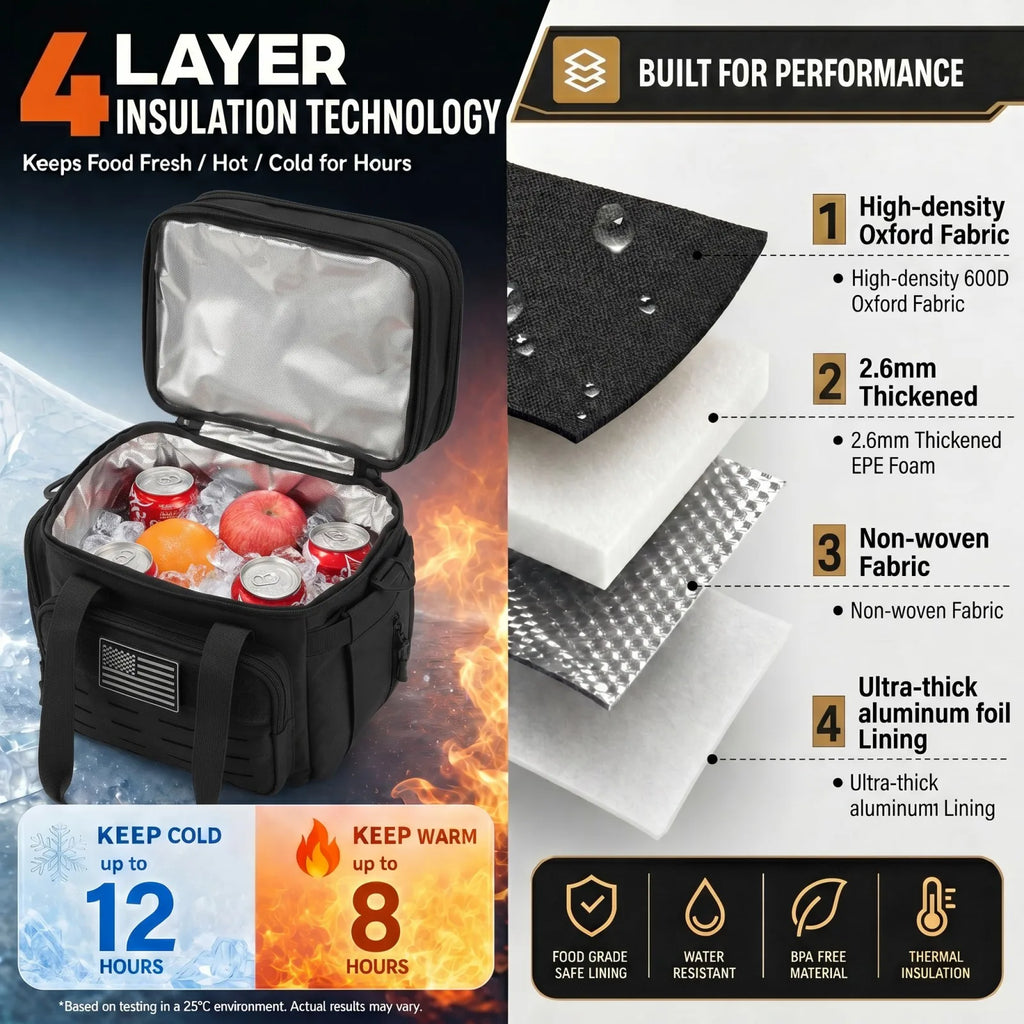 Unisex Tactical Insulated Lunch Bag with Expandable 18L Capacity, Leakproof and Heavy-Duty for Long-Lasting Cold Retention. Great for Daily Office Meal Transport, Work Commutes, Camping Trips, Picnics and All Outdoor Adventur