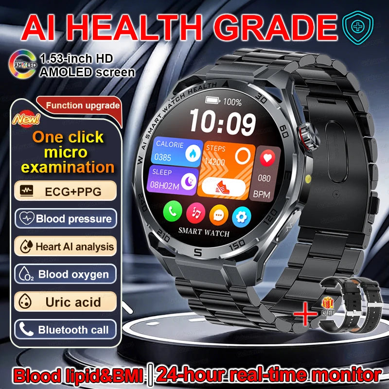 New AI Health Diagnose Smart Watch ECG+PPG Physical examination BP BO2 Uricacid Call Health Tracker Smartwatch For Men Women IOS