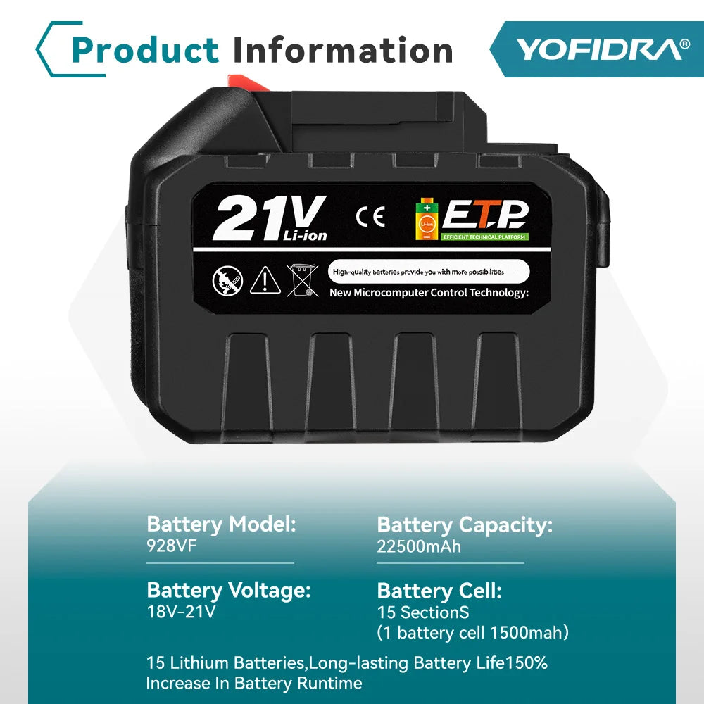 Batería de litio recargable YOFIDRA de 20 V, enchufe europeo, 15 000 mAh/928 VF, 22 500 mAh. Indicador de capacidad de la batería. Para motosierra y taladro eléctrico.