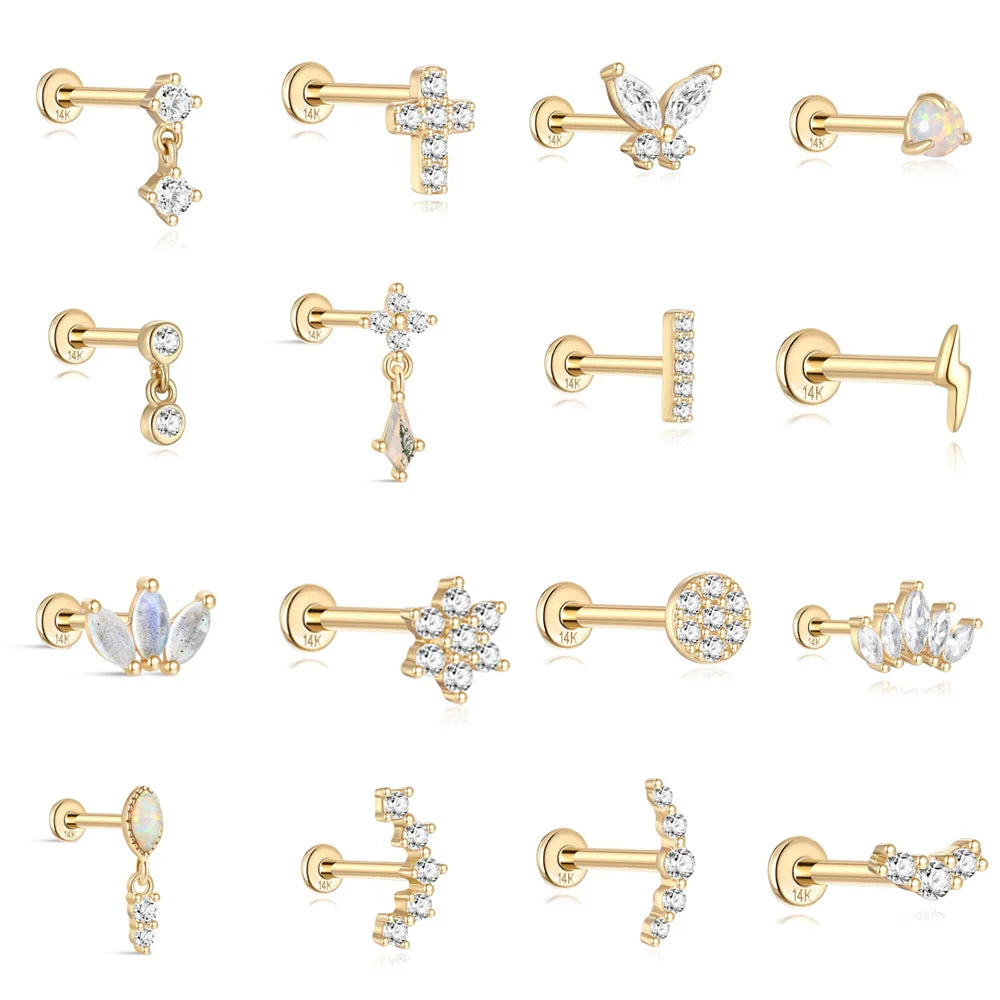 AIDE Real 14K Solid Gold Multiple Sizes Zircon Pendant Stud Earring Simple IND Piercing Ear Bone Ear Studs DIY Vintage Jewelry