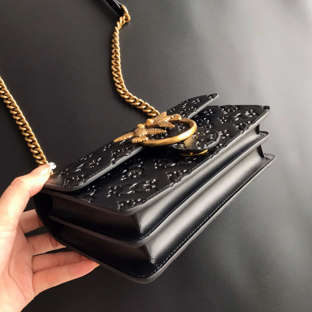 New Pinko-Inspired Genuine Leather Embossed Swallow Bag, Fashion Chain Armpit Bag, Luxury All-Match Shoulder Crossbody Bag