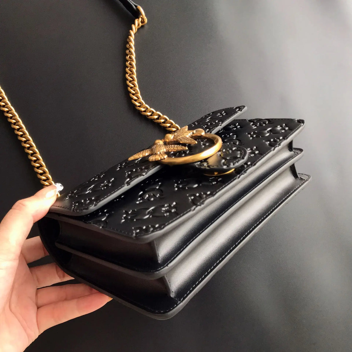 New Pinko-Inspired Genuine Leather Embossed Swallow Bag, Fashion Chain Armpit Bag, Luxury All-Match Shoulder Crossbody Bag