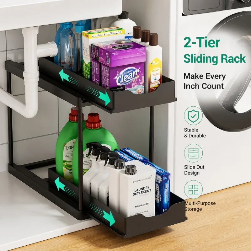 Rangement coulissant à 2 niveaux sous évier, organiseur multifonctionnel à tiroirs pour produits de nettoyage de cuisine et de salle de bain, à poser sur le plan de travail