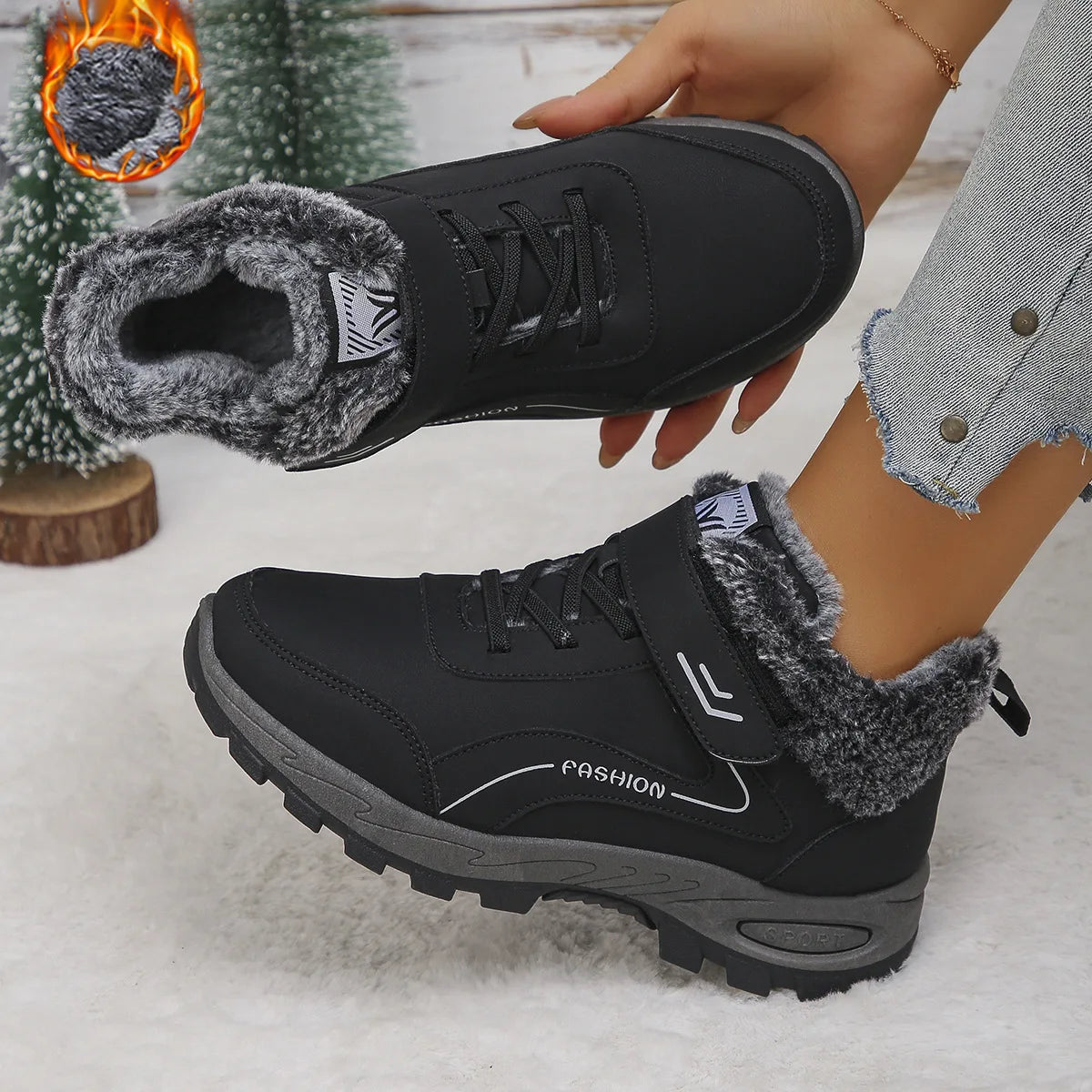 Damen-Winterstiefel, warm und kuschelig gefüttert, mit Plateau, rutschfester Sohle und Fellbesatz, knöchelhoch, für Outdoor-Aktivitäten, Größe 36