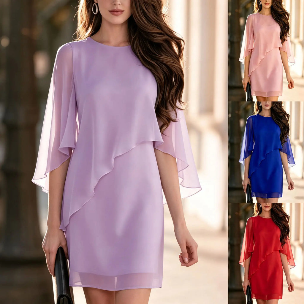 Mini abito da donna in chiffon con maniche a farfalla