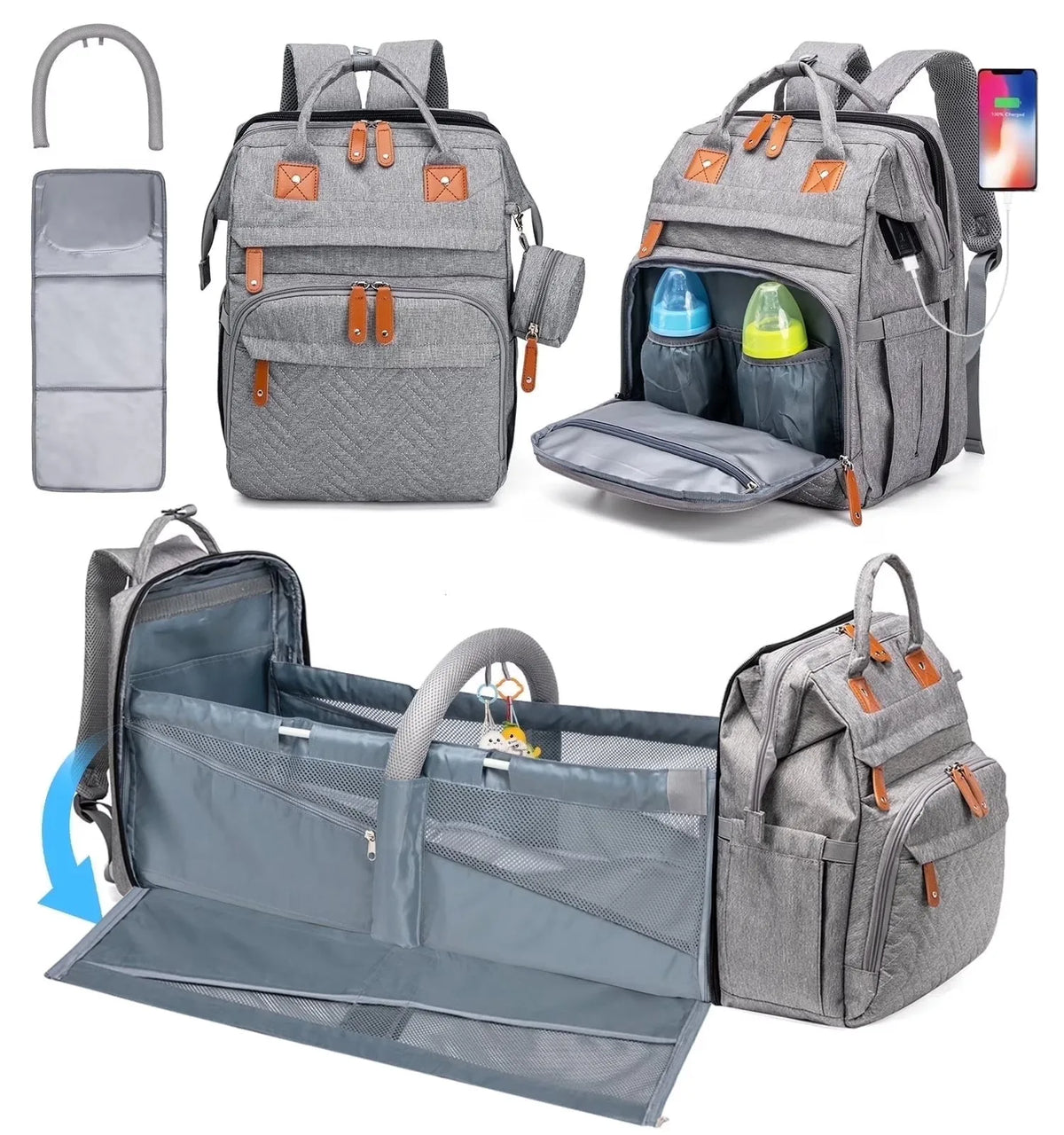 3 In 1 Diaper Bag Backpack Foldable Baby Bed Waterproof Travel Bag with USB Charge Diaper Bag Backpack with Changing Bed 3 Types