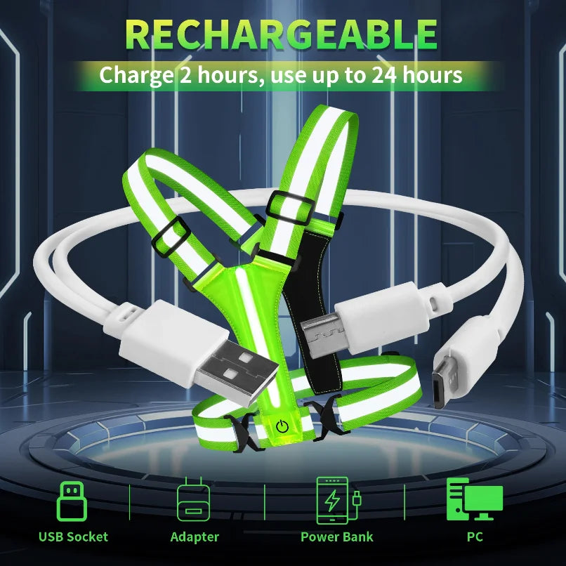 LED Running Vest USB Rechargeable Reflective Glowing Reflector Straps High Visibility Night Running Riding Clothing Elastic Band