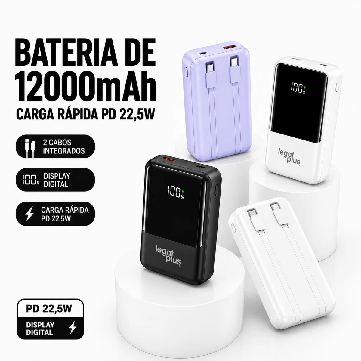 Power Bank 12000mAh Con 2 Cables Integrados Pantalla Digital Carga Rápida PD 22.5W Para Celular