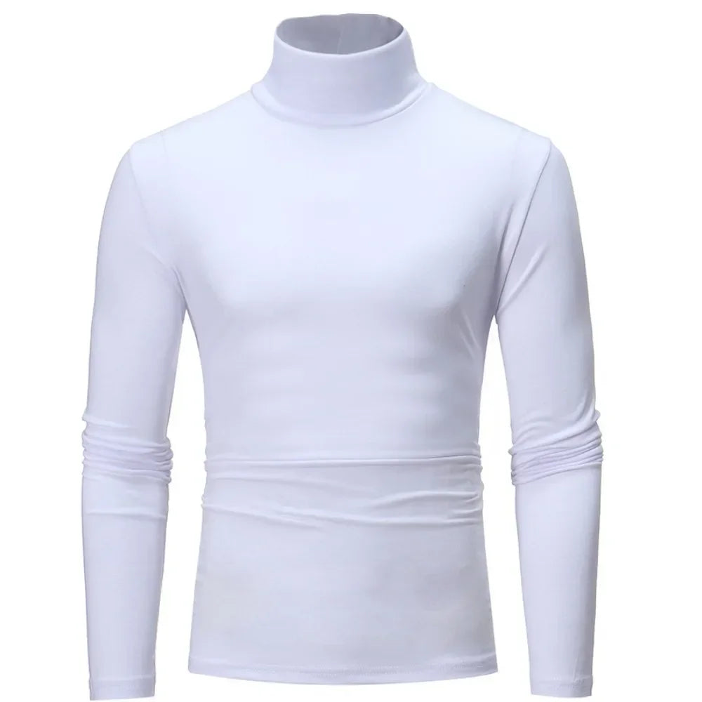 Autumn Spring Men's Bottoming Turtleneck Tops Slim Fit High Elastic Pullover Solid Color Stretchy Tees Basic Male Costume
