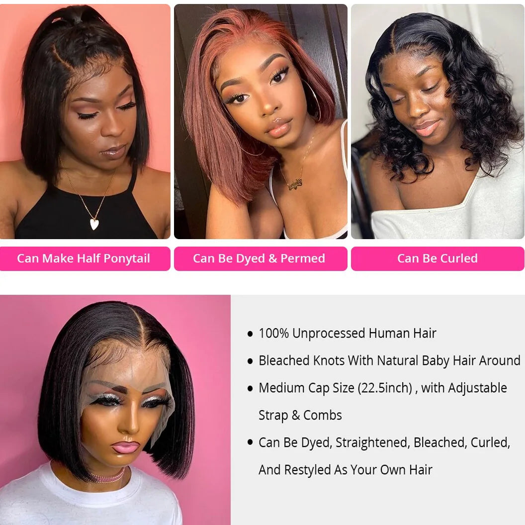 Perruque Bob 13X4, Lisse comme un cheveu, Lace Front, Perruque en cheveux humains pour femmes, Frontale en dentelle transparente, Perruque naturelle, Perruque 6X4 sans colle en cheveux humains