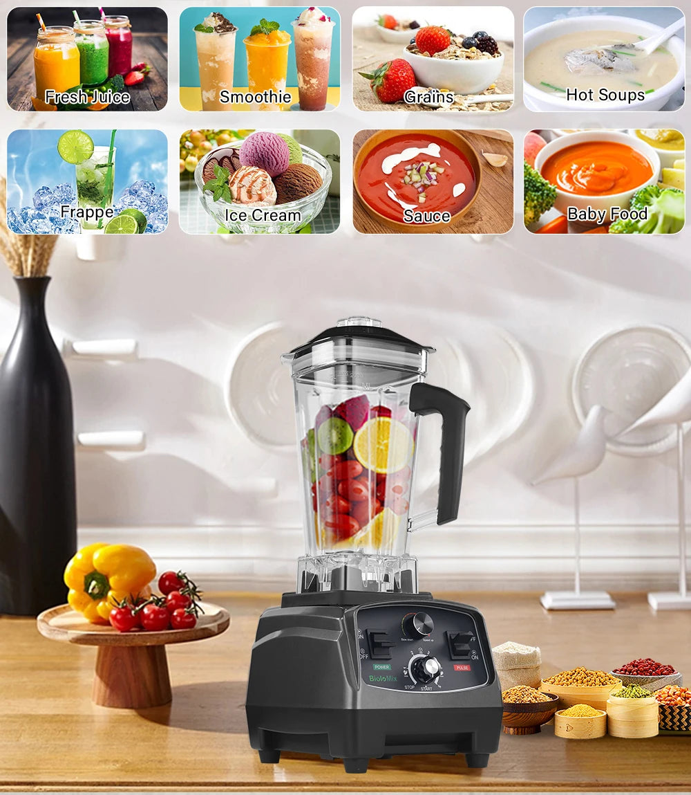 Blender haute puissance BioloMix 2200 W 3 CV avec minuterie, bol de 2 L sans BPA, idéal pour smoothies, jus, préparation d’aliments et concassage de glace