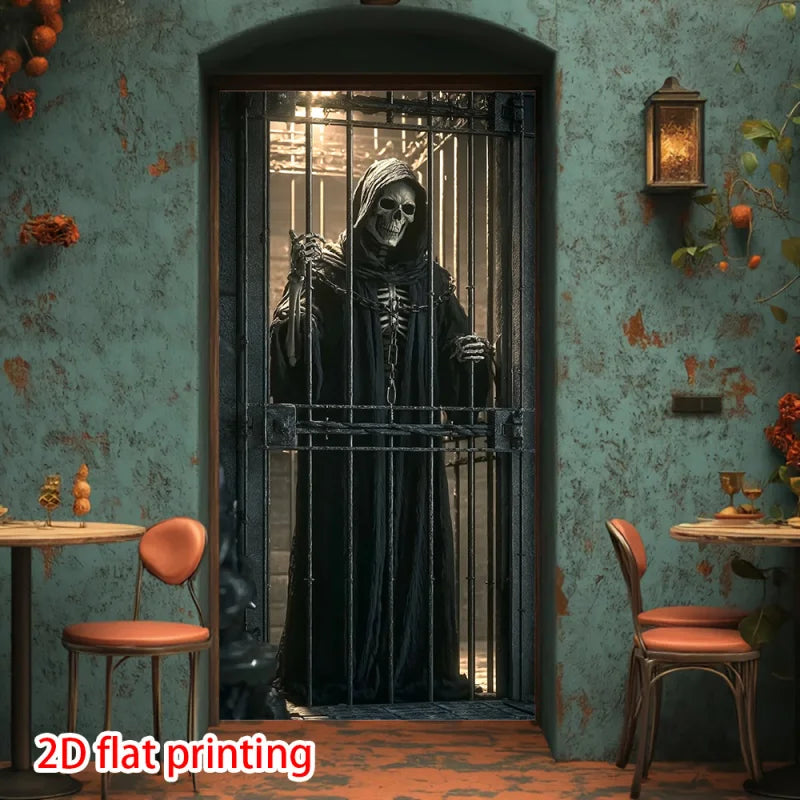 1pc, 2Dflat, Gothic Death Curtain - Skull and Cage Decoration, Suitable for Halloween Parties, Indoor/Outdoor Use, wsj