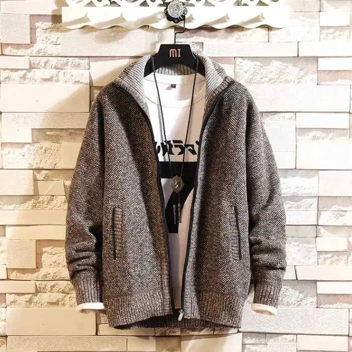 Autumn New Men's Trendy Cardigan Fleece Thicken Solid Casual Loose Sweater Men's Stand-up Collar Knitting Sweater Cardigans