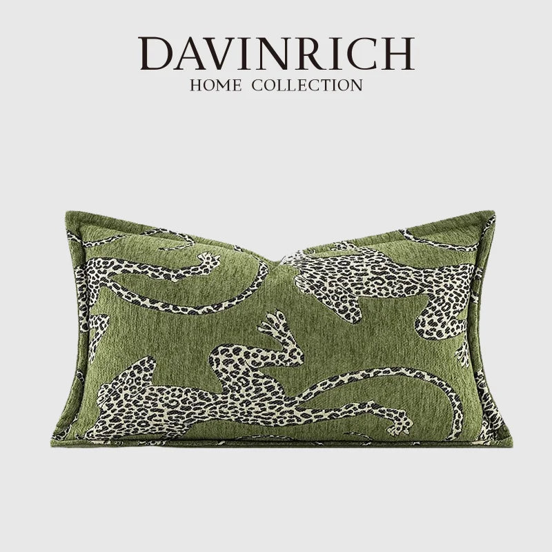 DAVINRICH Italienischer moderner mittelalterlicher Leoparden-Kissenbezug im Längsformat, Royal Menagerie Collection, luxuriöser Dekokissenbezug, Retre-Grün