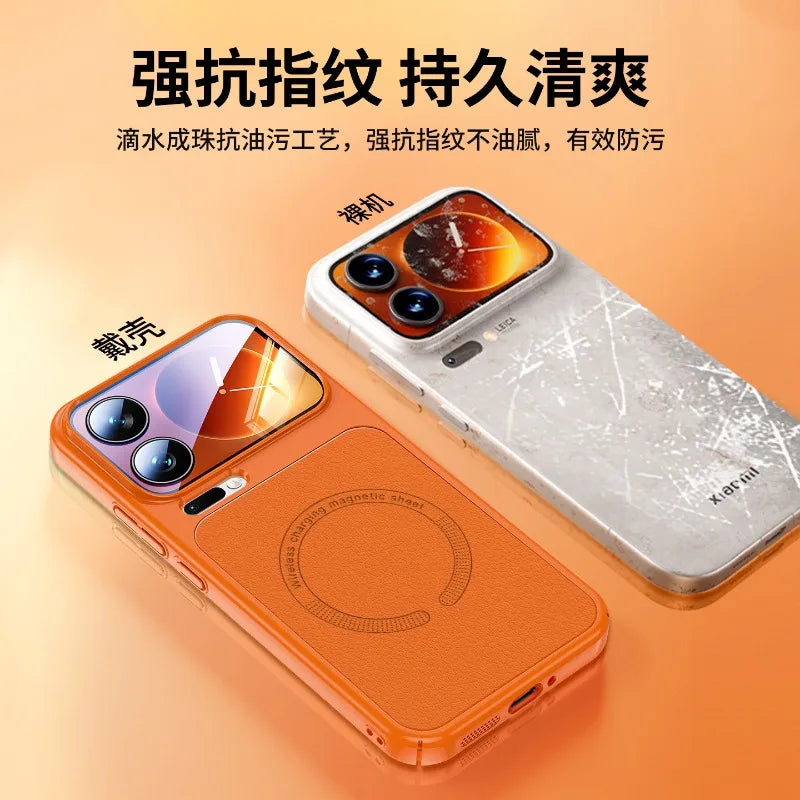 For Xiaomi 18 Pro Max Case Magnetic Matte PU Vegan Leather Splicing Electroplated PC Lightweight Hard Cover Dustproof Bumper