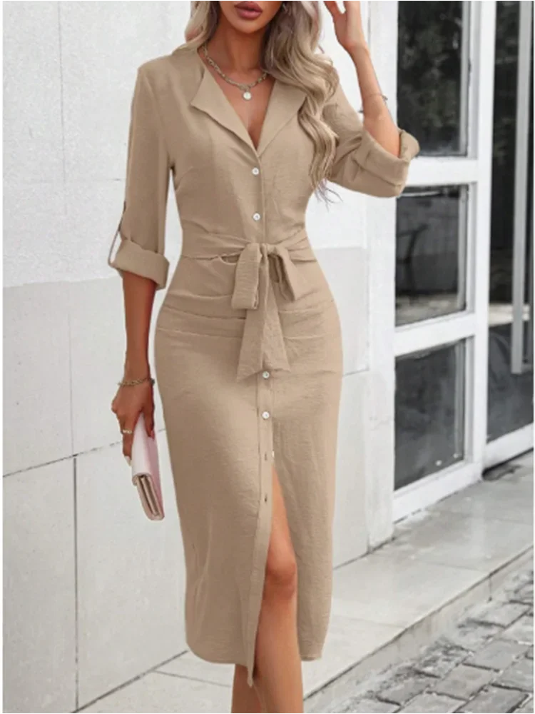 Abito chemisier lungo da donna in poliestere con scollo a V
