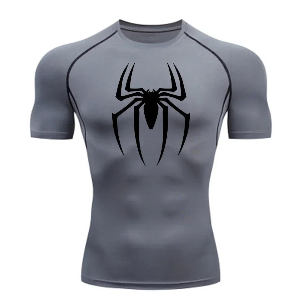 2023Men's Spider Print Compression Shirt, Quick Dry T-Shirt, Gym Running Jersey, Breathable Short Sleeve, Spring, Summer, S-3XL