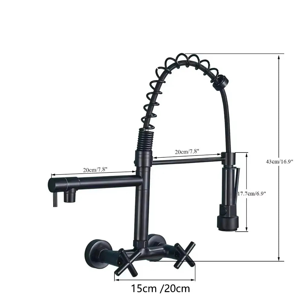 Matte Black Wall-Mounted Kitchen Faucet, Hot and Cold Water Mixer Tap with Pull-Down Spray and 360° Rotation