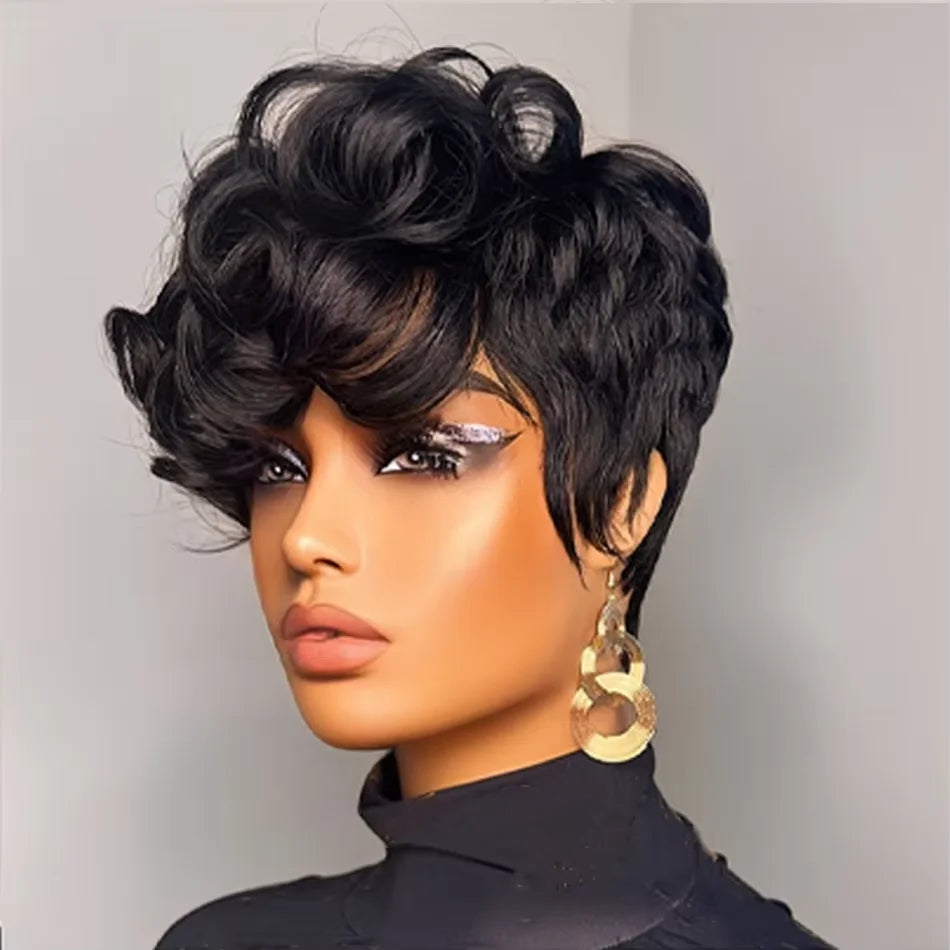1B# Pixie Cut Human Hair Wig for Women 6" Layered Short Loose Curly with Bangs 180% Density Remy Brazilian Hair Rose Net Cap