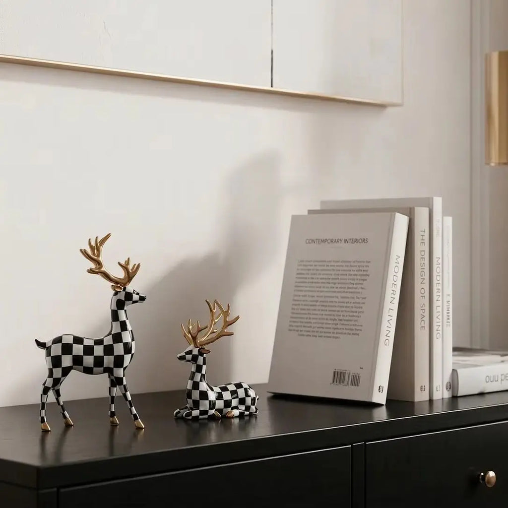 Black-and-White Checkered Deer Sculpture Christmas Home Decor, Fireplace or Living Room Table Ornament, Holiday Gift