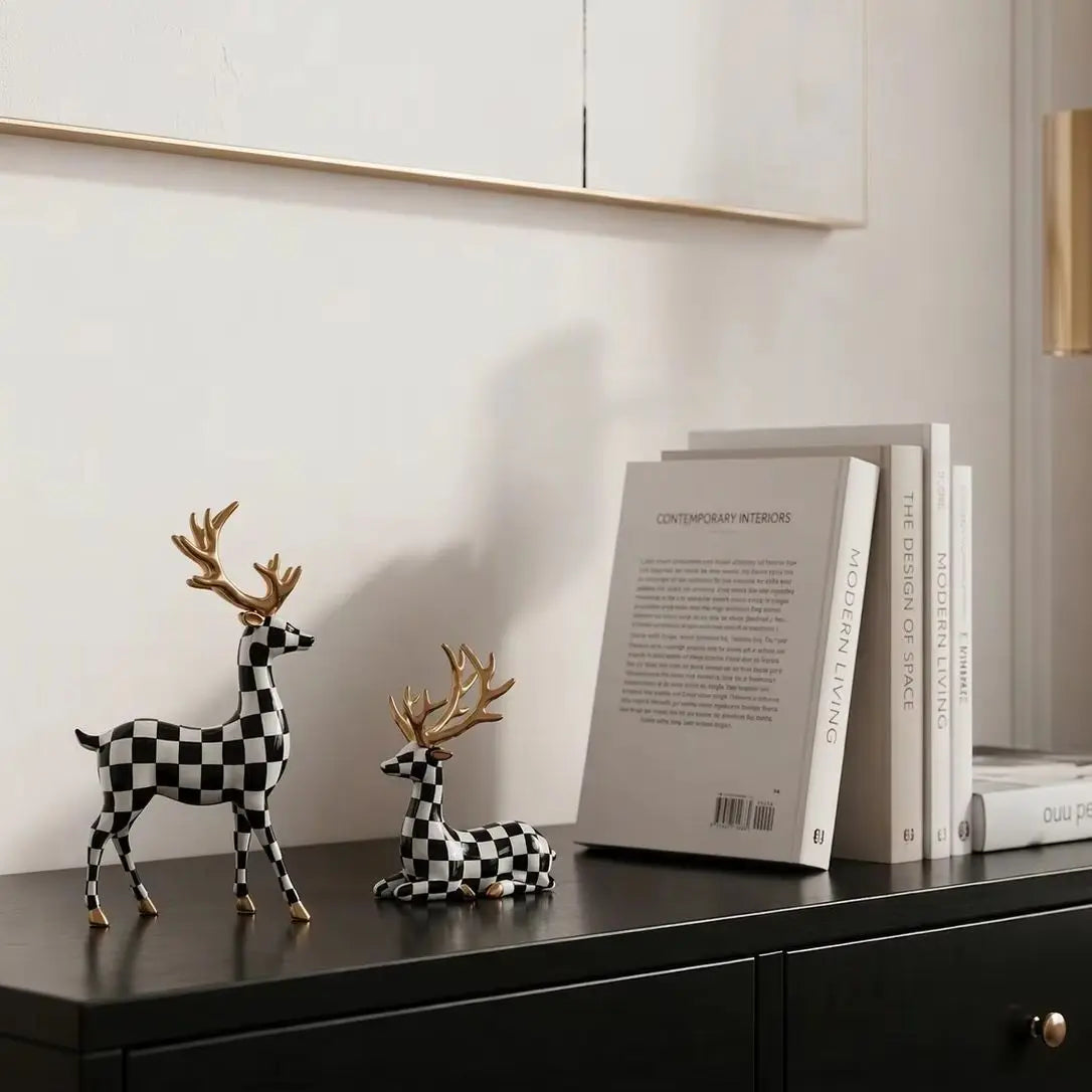Black-and-White Checkered Deer Sculpture Christmas Home Decor, Fireplace or Living Room Table Ornament, Holiday Gift