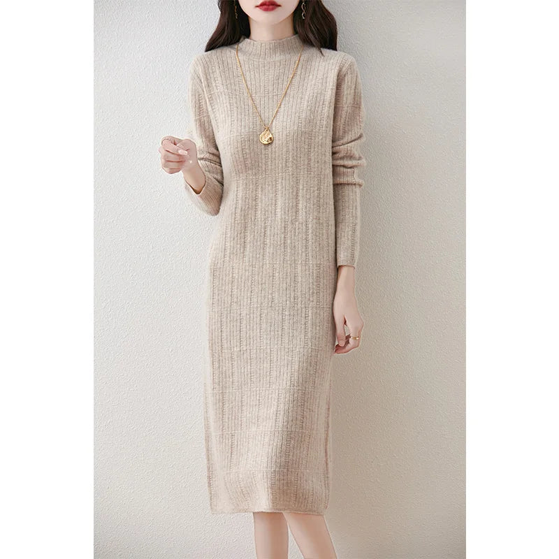 Women's knee-length wool dress with a mock neck