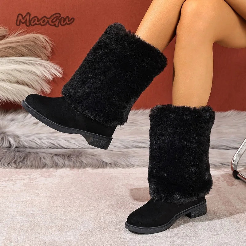 Winter-Plüschstiefel, Übergrößen 36–43, warme Outdoor-Stiefel bis zur Wadenmitte, schwarze Baumwollschuhe für Damen, zum Hineinschlüpfen, rosa Stiefeletten für Damen