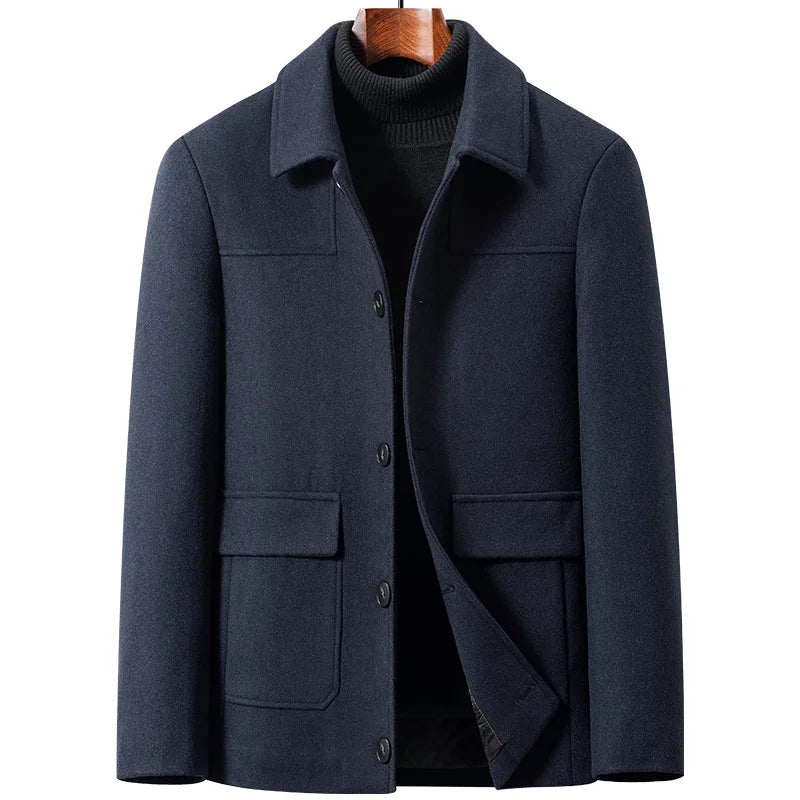 Autumn Winter Wool Jackets Men Turn Down Collar Business Casual Woolen Outwear Coats Male Solid Thick Wool Blends Jacket Coat