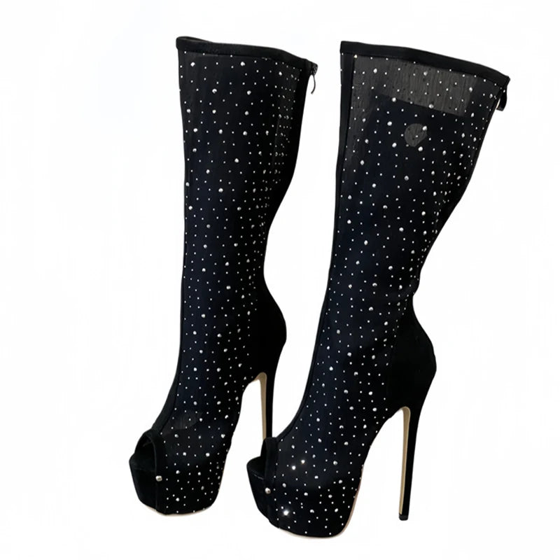 Stivali donna Liyke in rete con strass e plateau