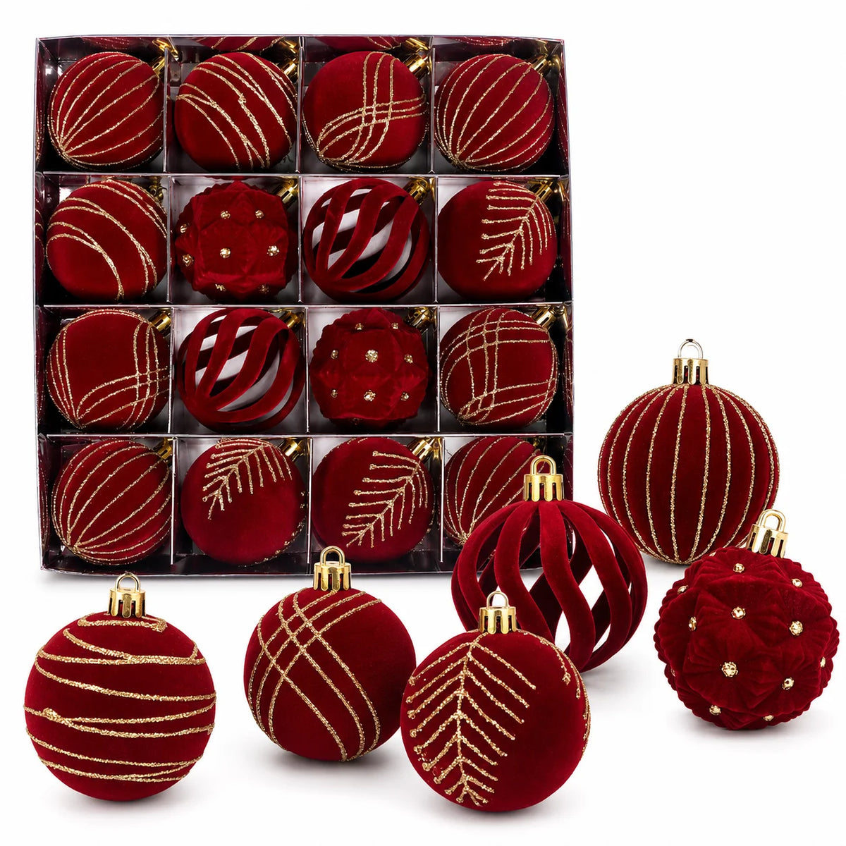 16 piece set of plush Christmas ball accessories, anti shatter and sparkling plush Christmas farmhouse Christmas tree decoration