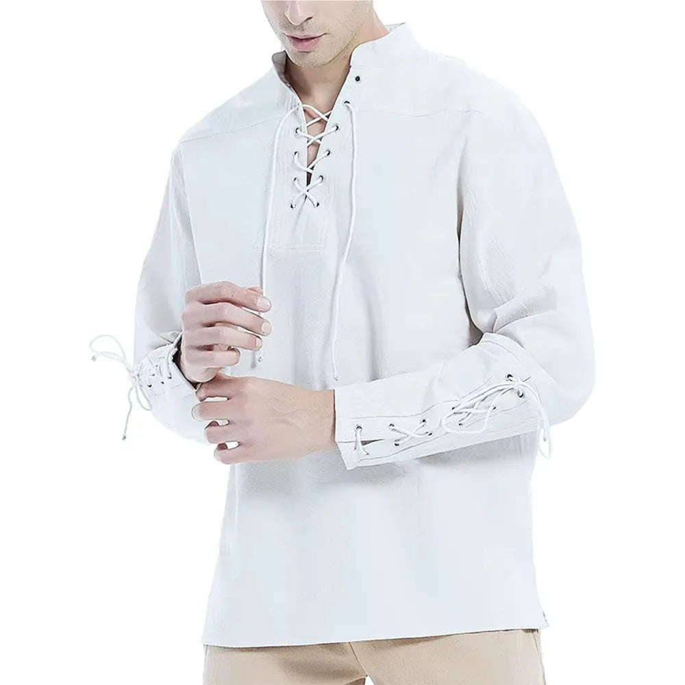 Autumn New Cotton Shirts for Men Costume Beach Tops Drawstring Design Shirt Male Loose Casual Streetwear Long Sleeve Shirt