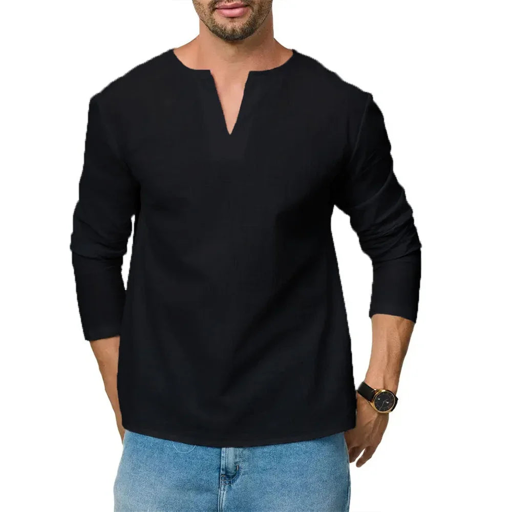 Cotton Linen T-shirt for Men Long Sleeve Breathable V-neck Tops Casual Slim Fit Solid Color Lightweight Male Cozy Tees