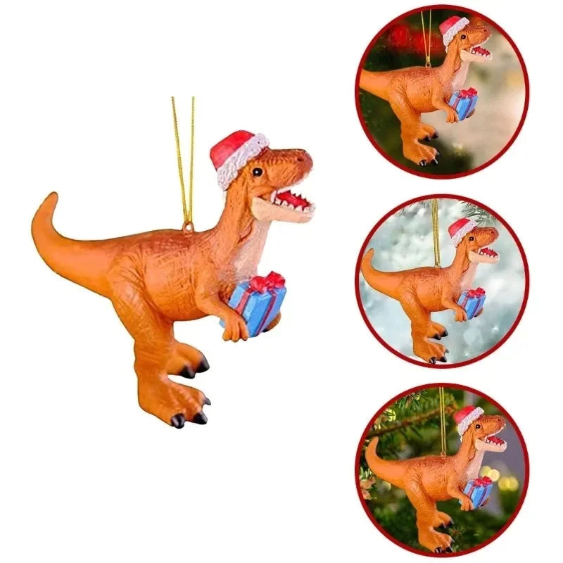 Christmas Tree Hanging Ornaments Dinosaur in Christmas Hat Figurine Decorations