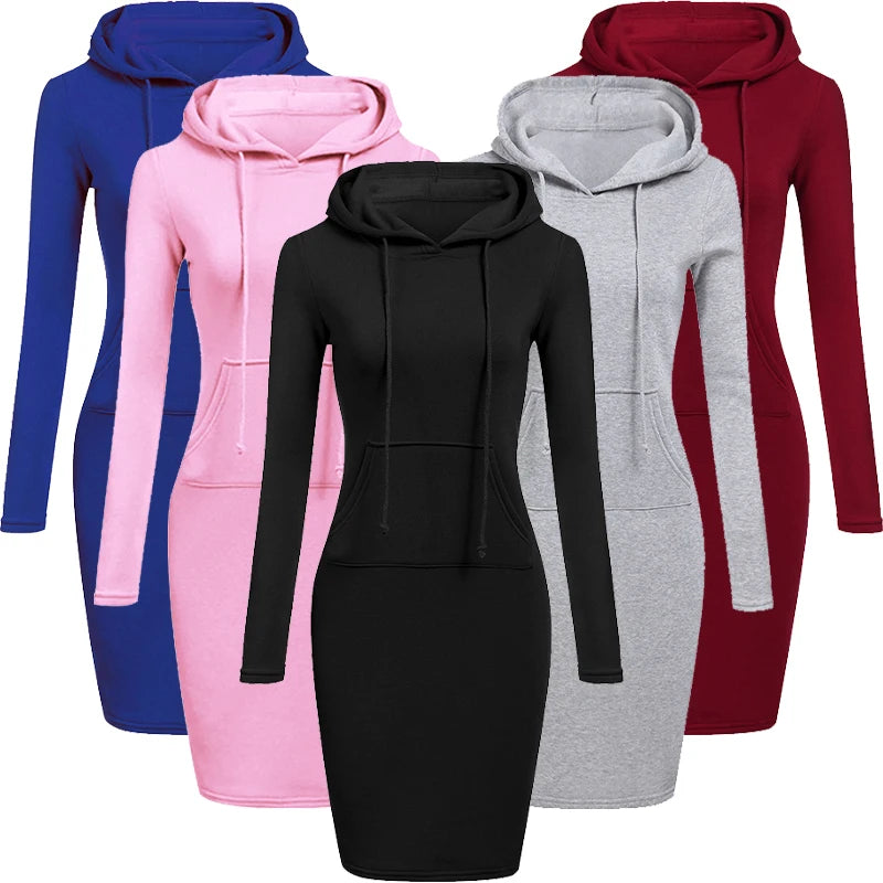 Abito casual da donna con cappuccio e tasche, al ginocchio