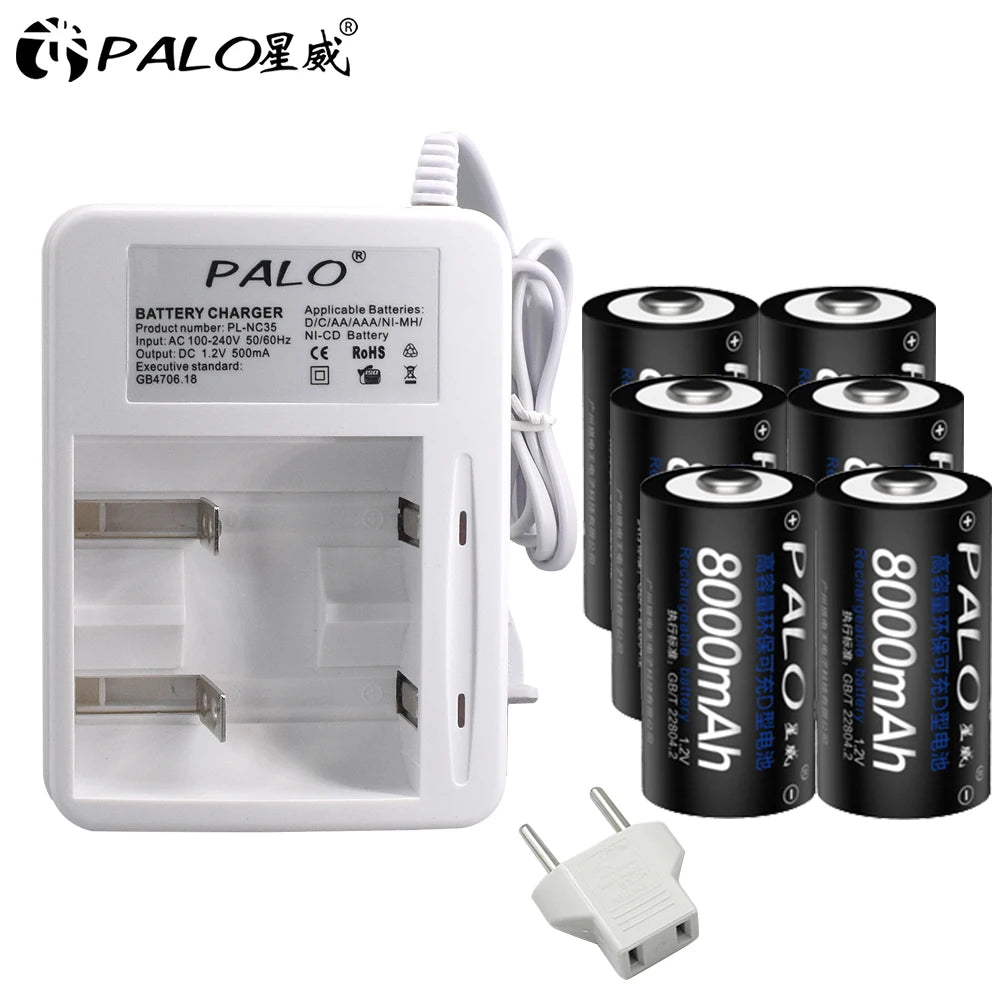 PALO 1-8 pcs D Size Rechargeable Battery Type D LR20 Battery 1.2V NI-MH Rechargeable D Battery 8000mAh R20 Rechargeable Battery