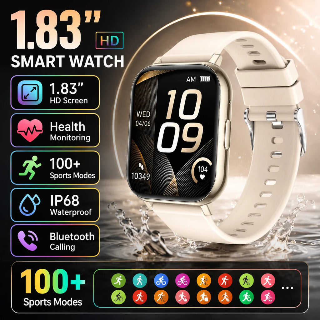 LIGE New 1.83"HD Smart Watch Women Men Health Monitoring Waterproof Bluetooth Call Multi-Sport Modes Smartwatch For Android ios