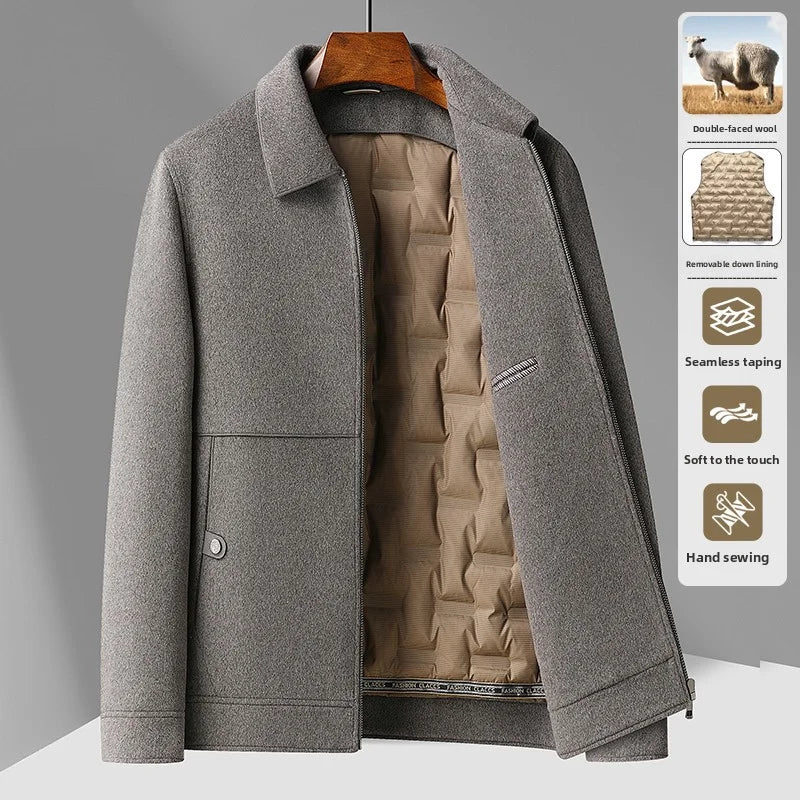 2025 Autumn/Winter New Men's Woolen Coat with Double Sided Intimate Down Inner Tank Thickened and Warm 70% Wool Fabric