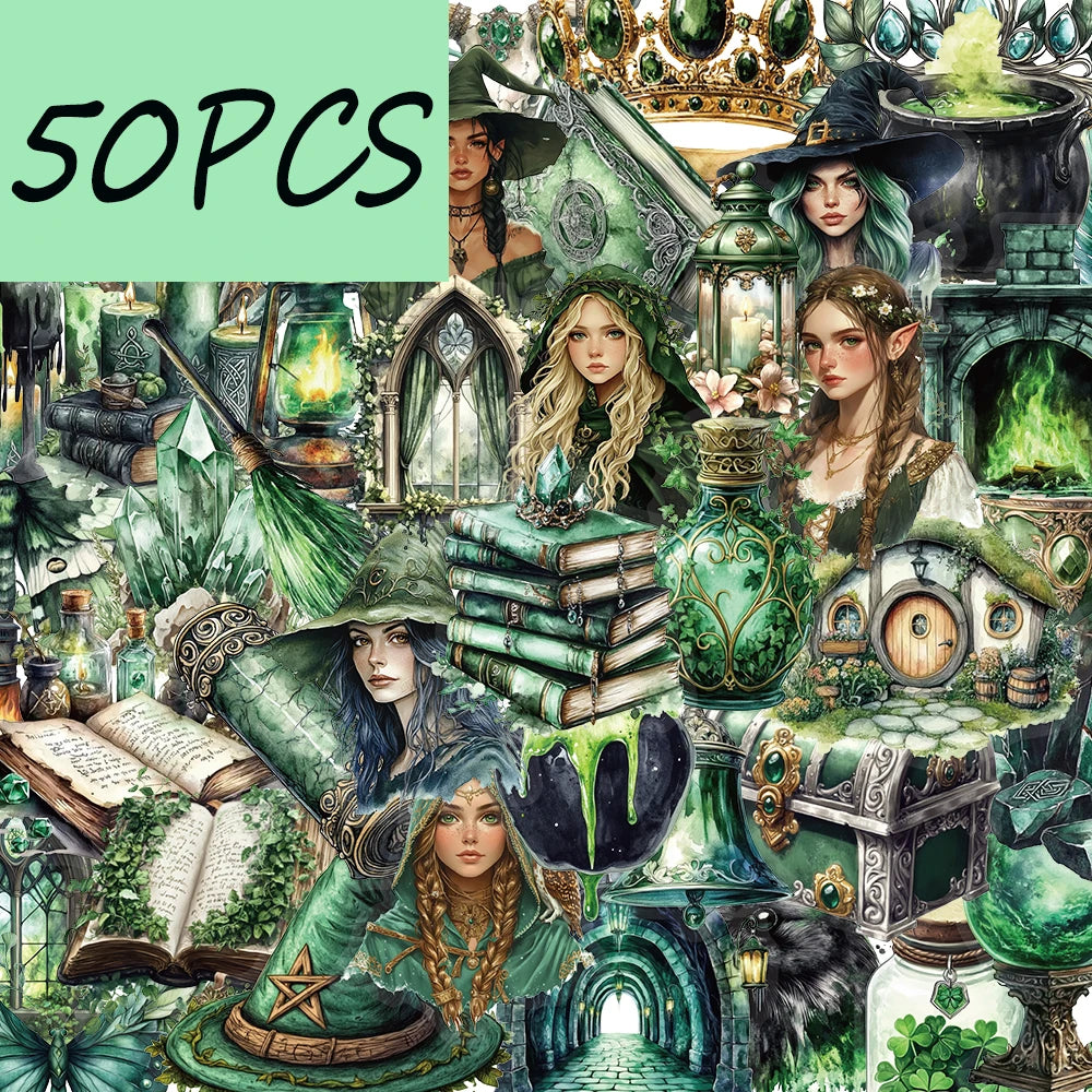50 Stück Aufkleber aus der Forest-Witch-Serie, geeignet zum Verzieren von Wasserflaschen, Laptops und Aufbewahrungsboxen, wasserfeste PET-Aufkleber