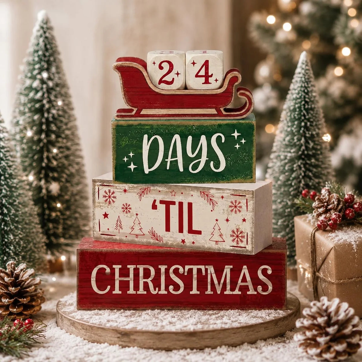 Décorations de Noël en bois pour intérieur, décor de table rustique style ferme, calendrier de l'Avent en bois en forme de traîneau avec compte à rebours avant Noël