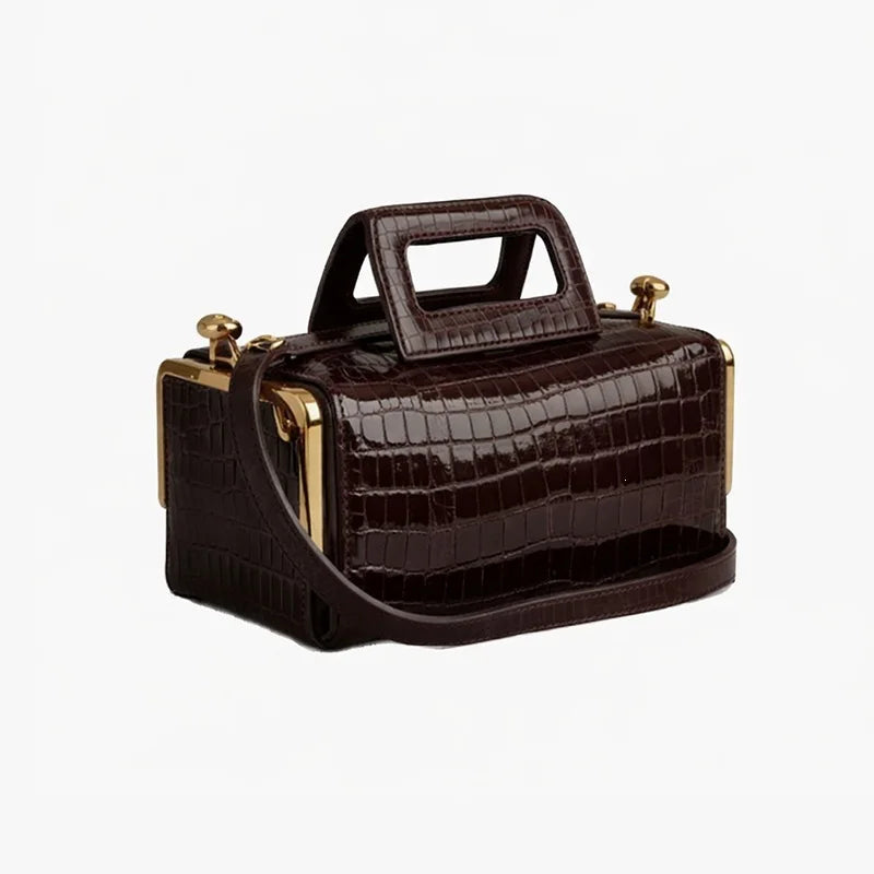 Alirattan 2026 New Arrival Women Black Retro Handle Handbag, Luxury Designer Gold Hardware Structured Shoulder Crossbody Bag