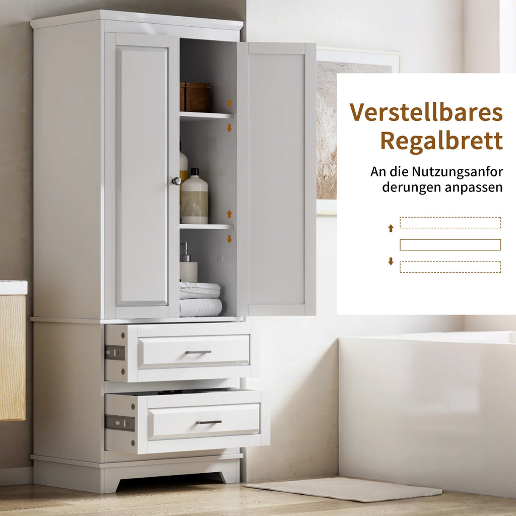 Comanlai moderner weißer Aufbewahrungsschrank 157 x 60 x 40 cm, multifunktionaler Holzschrank mit 2 Türen und 2 unteren Schubladen, einfach aufzubauendes Bücherregal und Ablagesystem für Wohnzimmer, Schlafzimmer, Küche, Badezimmer und Büro