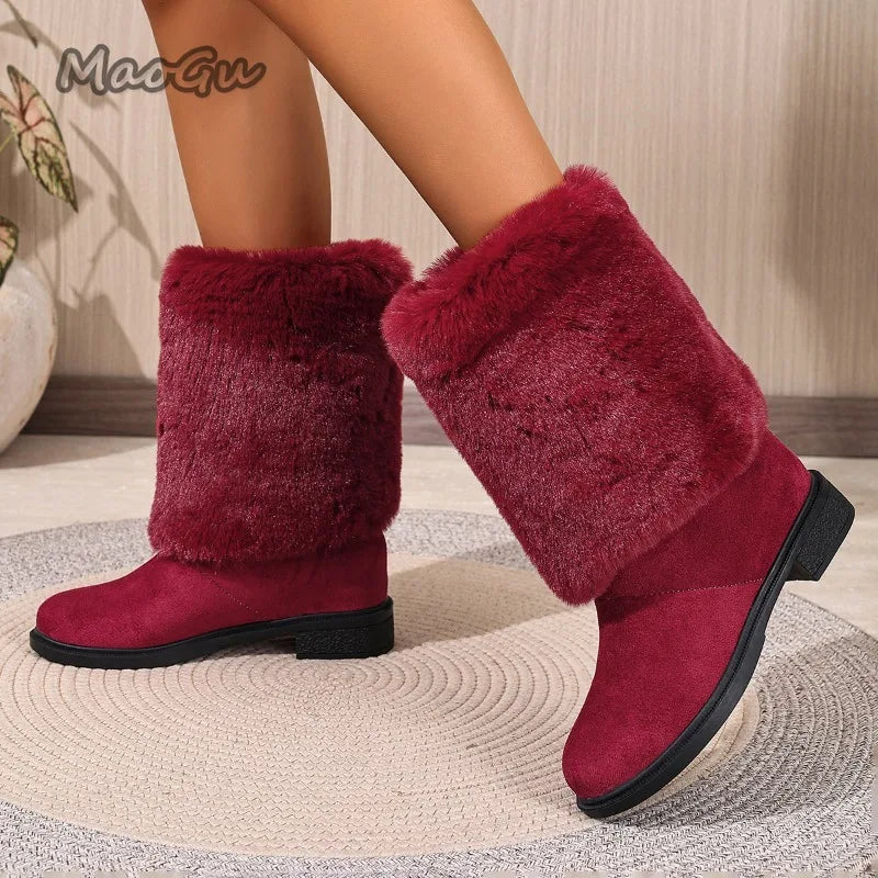 Winter-Plüschstiefel, Übergrößen 36–43, warme Outdoor-Stiefel bis zur Wadenmitte, schwarze Baumwollschuhe für Damen, zum Hineinschlüpfen, rosa Stiefeletten für Damen