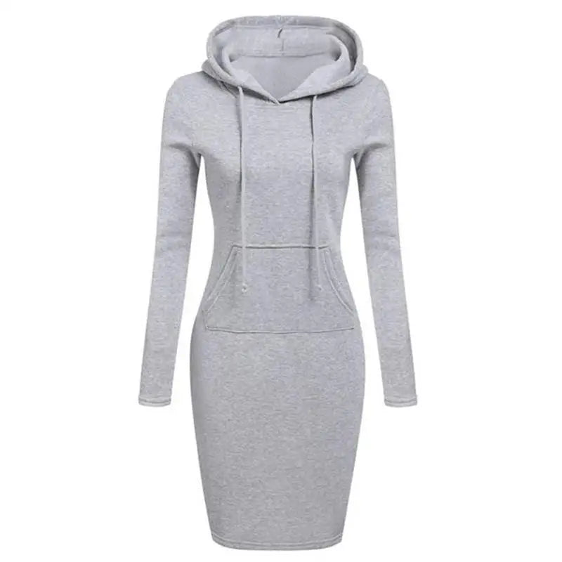 Abito casual da donna con cappuccio e tasche, al ginocchio
