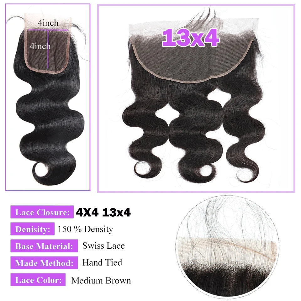 Body Wave Echthaar-Bundles mit Closure, brasilianisches Weaving, 3–4 Bundles mit 4x4-/5x5-Lace-Closure, Virgin-Haar, Raw-Hair-Extensions