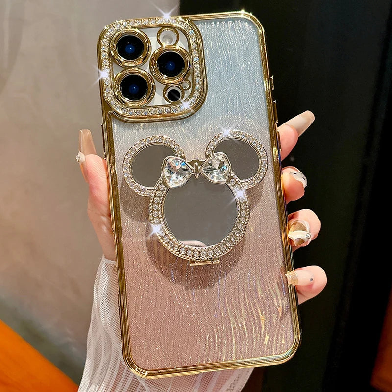 Luxury Glitter Cute Mirror Case For iPhone 18 ProMax 17 Air 16 15 Plus 14 Pro 13 12 Pro Max Rotation Bracket Half Wrapped Cover